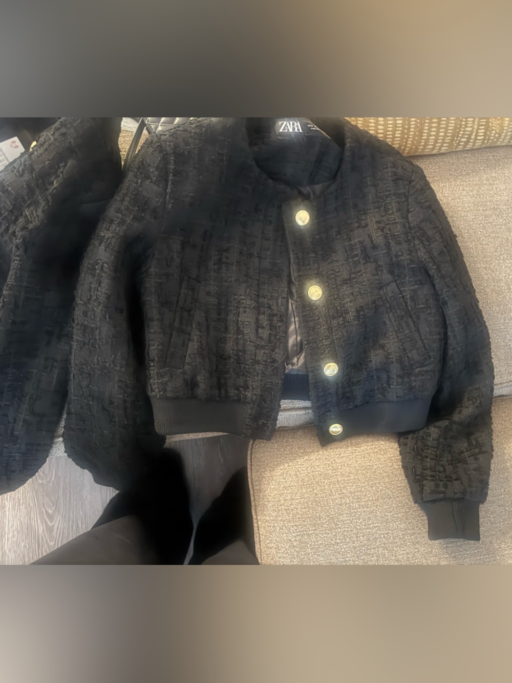 Zara Black Textured Cropped Bomber with Gold Buttons